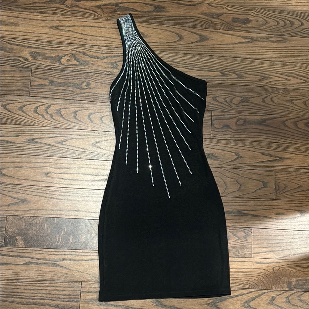 Motel Rocks Black One-Shoulder Dress with Silver Accents